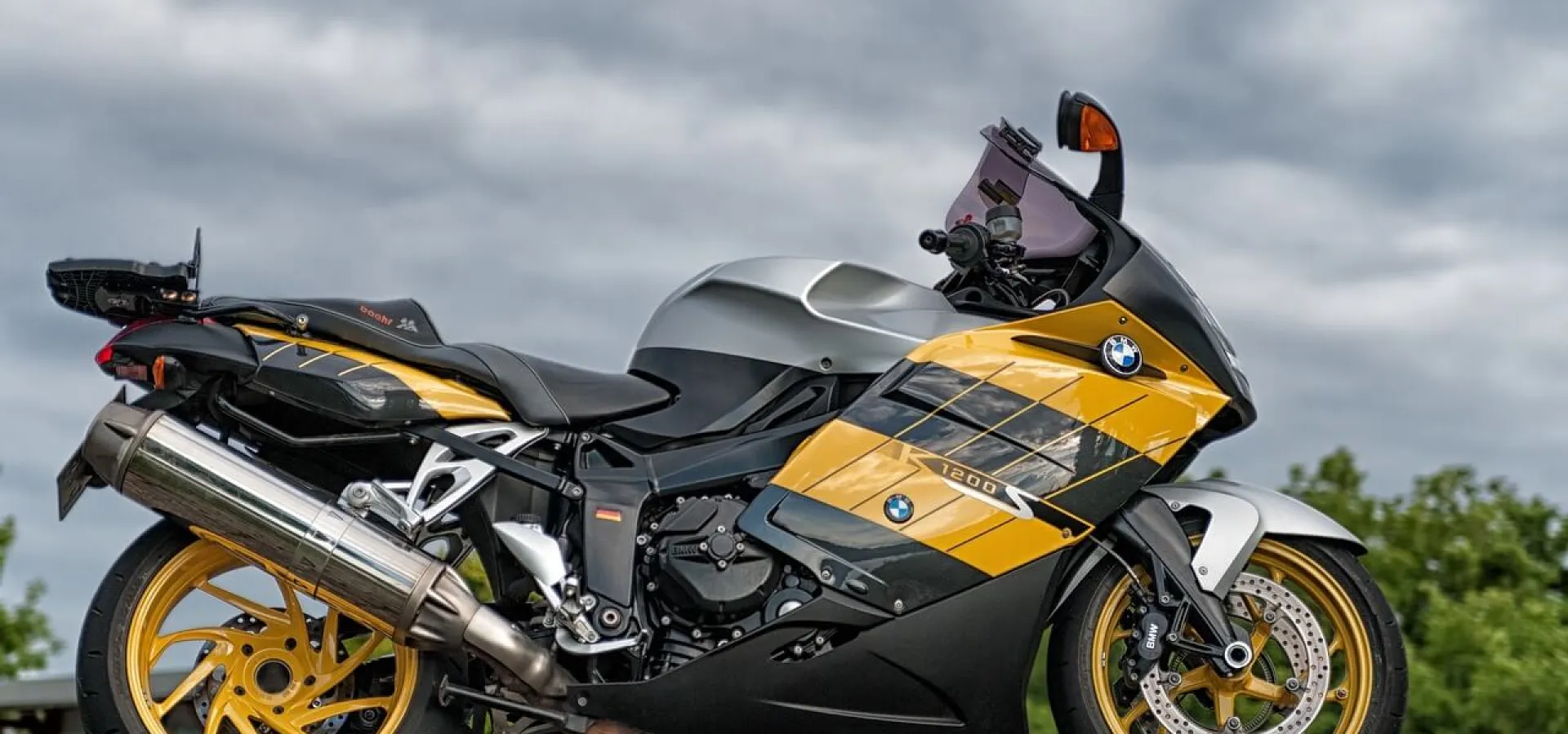 BMW motorcycle parked next to the road