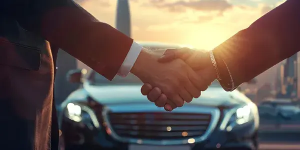 Two people shake hands and there's a Mercedes in the back Two people shake hands and there's a Mercedes in the back