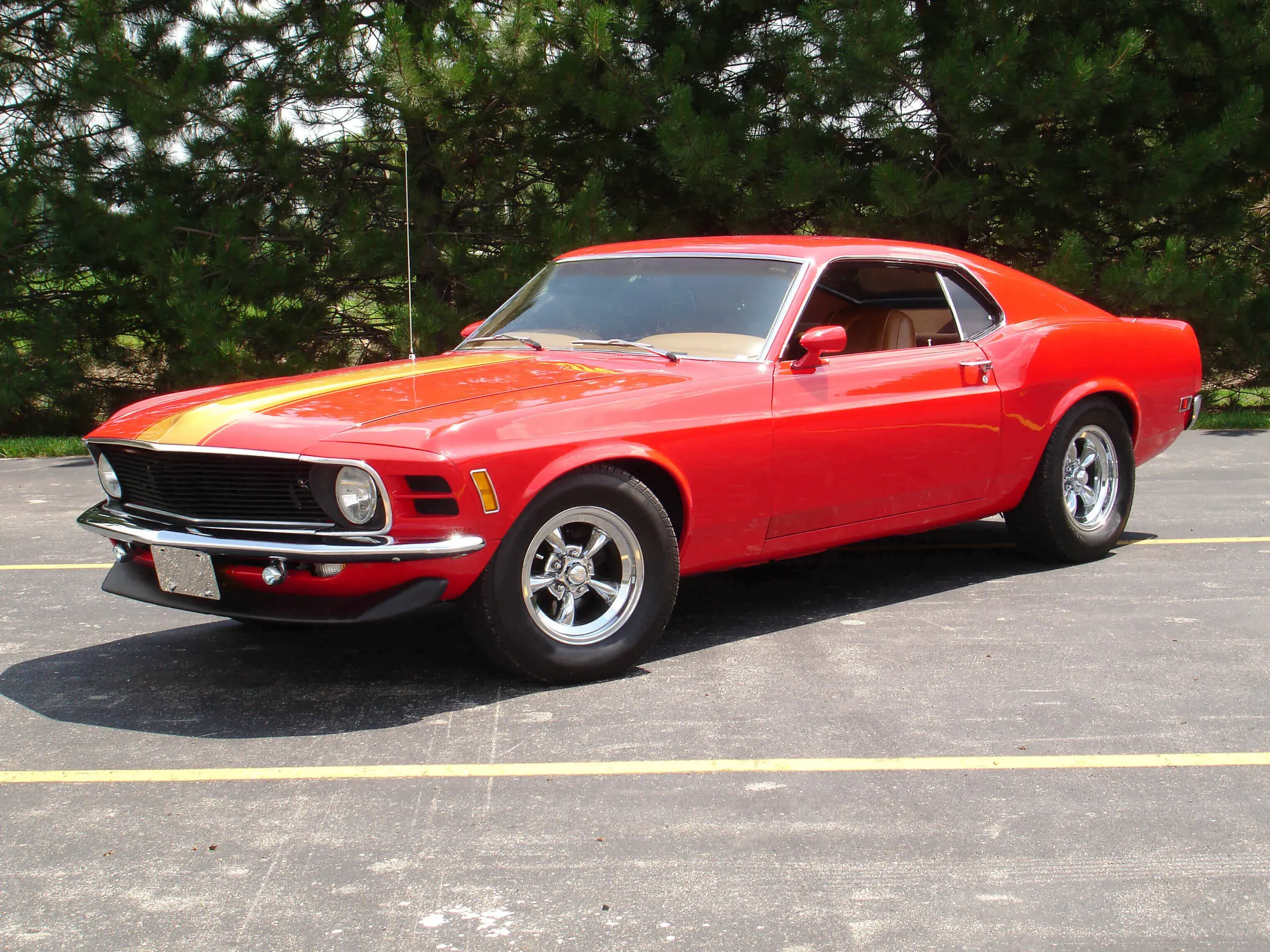 А muscle car parked in front of a bush А muscle car parked in front of a bush