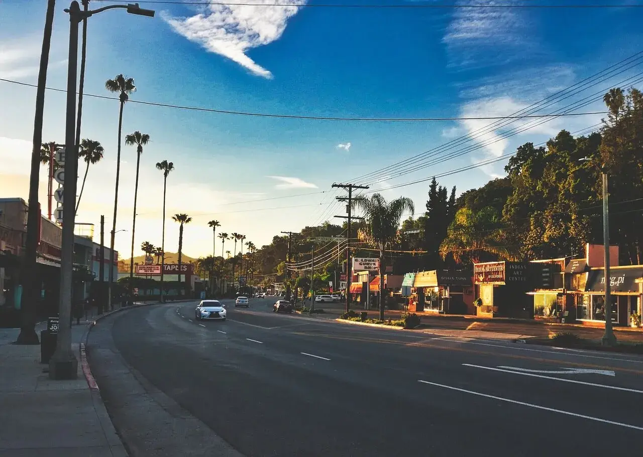 white car driving on road surrounded by palms white car driving on road surrounded by palms