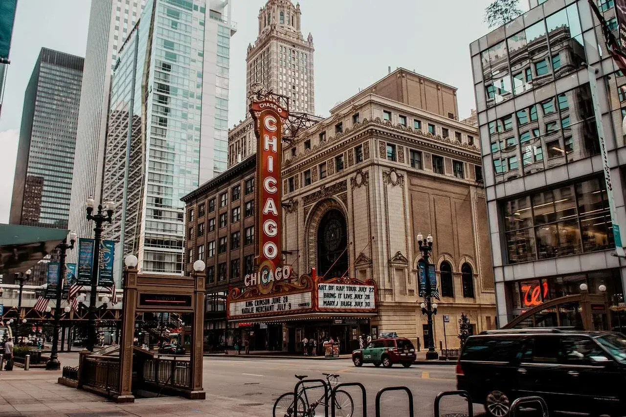 Street in Chicago where people and cars move Street in Chicago where people and cars move