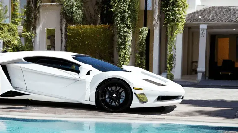 White lambourghini parked in front of a pool of a luxury house White lambourghini parked in front of a pool of a luxury house